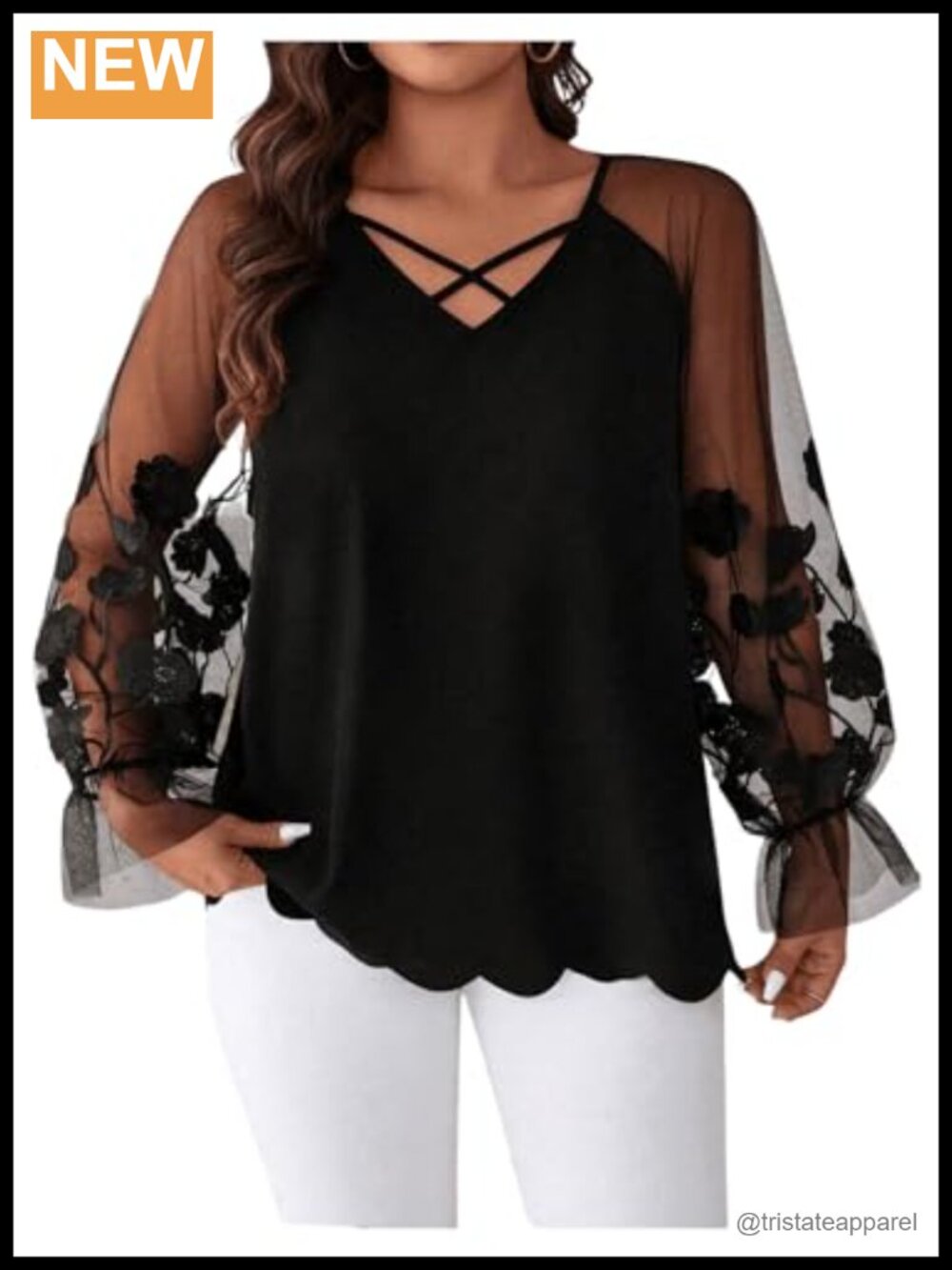 Plus Size Floral Mesh Long Sleeve V-Neck Ruffle Blouse